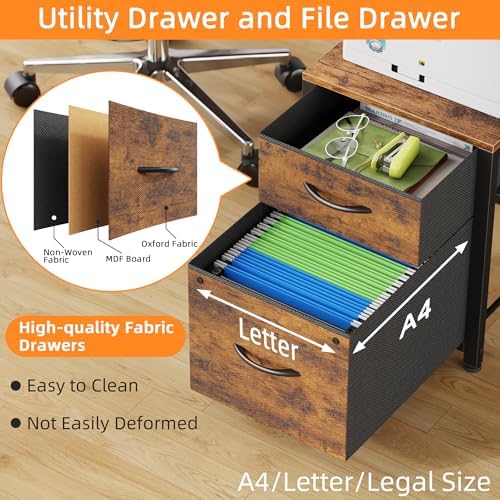 T Shaped 2 Person Desk with Power Outlet  Long Two Person Gaming Table with LED & Fabric Drawers  81 2 Computer Desks with File Cabinet  Double Workstation for Home Office  Rustic Brown