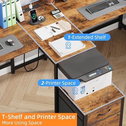 T Shaped 2 Person Desk with Power Outlet  Long Two Person Gaming Table with LED & Fabric Drawers  81 2 Computer Desks with File Cabinet  Double Workstation for Home Office  Rustic Brown