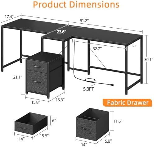 T Shaped 2 Person Desk with Power Outlet  Long Two Person Gaming Table with LED & Fabric Drawers  81 2 Computer Desks with File Cabinet  Double Workstation for Home Office  Rustic Brown