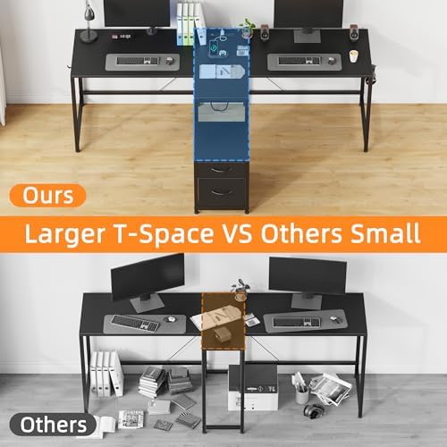 T Shaped 2 Person Desk with Power Outlet  Long Two Person Gaming Table with LED & Fabric Drawers  81 2 Computer Desks with File Cabinet  Double Workstation for Home Office  Rustic Brown