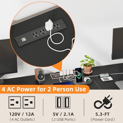 T Shaped 2 Person Desk with Power Outlet  Long Two Person Gaming Table with LED & Fabric Drawers  81 2 Computer Desks with File Cabinet  Double Workstation for Home Office  Rustic Brown
