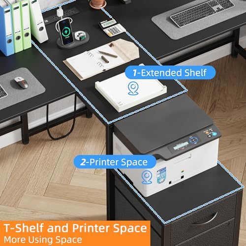 T Shaped 2 Person Desk with Power Outlet  Long Two Person Gaming Table with LED & Fabric Drawers  81 2 Computer Desks with File Cabinet  Double Workstation for Home Office  Rustic Brown