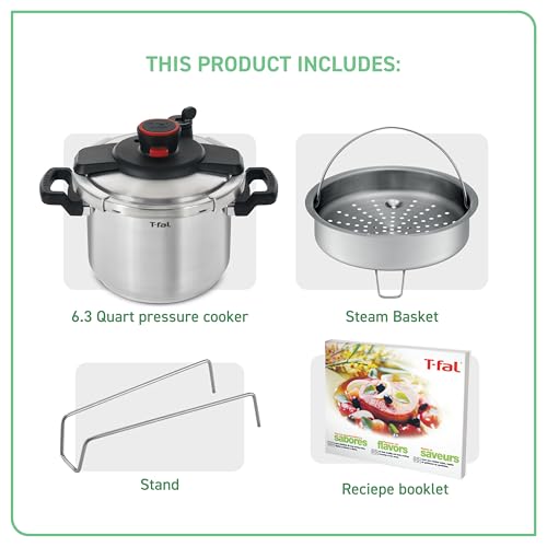 T fal Clipso Stainless Steel Pressure Cooker 6 3 Quart  Induction  Secure locking System  One Hand System  Recipe Book Included  Cookware  Pots and Pans  Kitchen  Dishwasher Safe  Silver