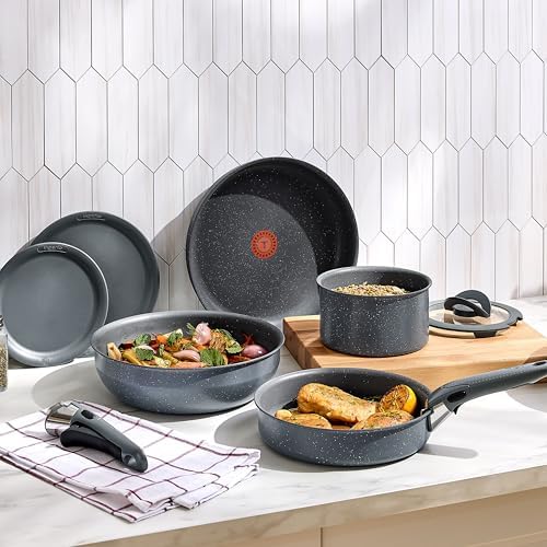 T fal Ingenio Essentials Cookware Set with Detachable/Removable Handle 11 Piece  Granite Titanium Non Stick  Oven Broiler Safe 500F  Stackable  Pots and Pans Set  Frying Pans  Dishwasher Safe  Gray