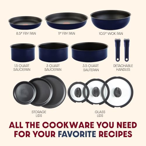 T fal Ingenio Essentials Cookware Set with Detachable/Removable Handle 11 Piece  Granite Titanium Non Stick  Oven Broiler Safe 500F  Stackable  Pots and Pans Set  Frying Pans  Dishwasher Safe  Gray