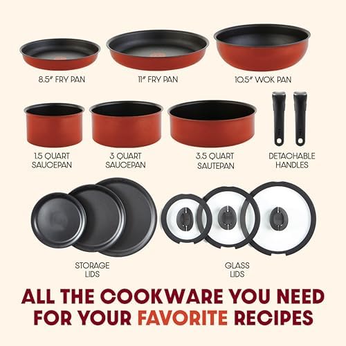 T fal Ingenio Essentials Cookware Set with Detachable/Removable Handle 11 Piece  Granite Titanium Non Stick  Oven Broiler Safe 500F  Stackable  Pots and Pans Set  Frying Pans  Dishwasher Safe  Gray