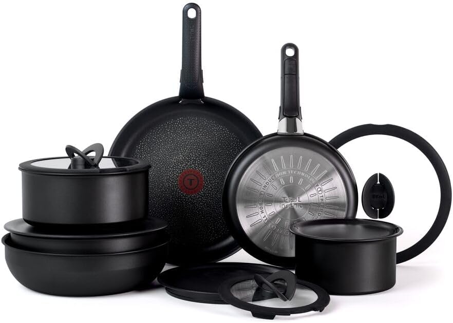 T fal Ingenio Essentials Cookware Set with Detachable/Removable Handle 11 Piece  Granite Titanium Non Stick  Oven Broiler Safe 500F  Stackable  Pots and Pans Set  Frying Pans  Dishwasher Safe  Gray