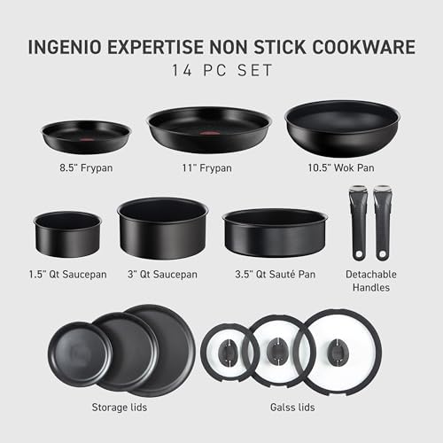 T fal Ingenio Essentials Cookware Set with Detachable/Removable Handle 11 Piece  Granite Titanium Non Stick  Oven Broiler Safe 500F  Stackable  Pots and Pans Set  Frying Pans  Dishwasher Safe  Gray