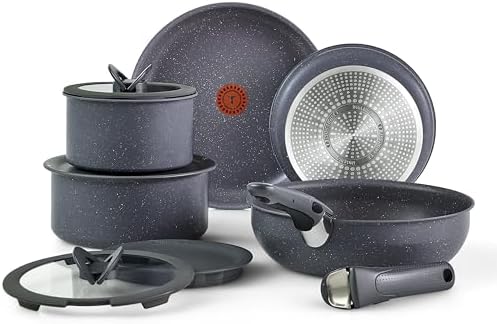 T fal Ingenio Essentials Cookware Set with Detachable/Removable Handle 11 Piece  Granite Titanium Non Stick  Oven Broiler Safe 500F  Stackable  Pots and Pans Set  Frying Pans  Dishwasher Safe  Gray