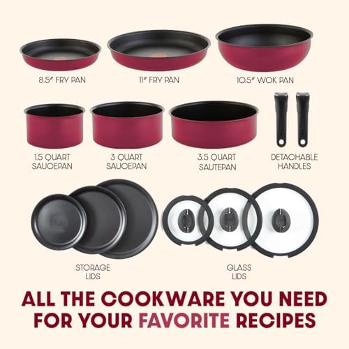 T fal Ingenio Essentials Cookware Set with Detachable/Removable Handle 11 Piece  Granite Titanium Non Stick  Oven Broiler Safe 500F  Stackable  Pots and Pans Set  Frying Pans  Dishwasher Safe  Gray