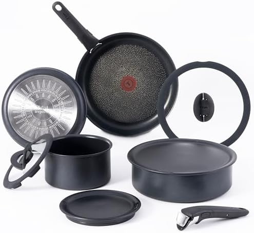 T fal Ingenio Essentials Cookware Set with Detachable/Removable Handle 11 Piece  Granite Titanium Non Stick  Oven Broiler Safe 500F  Stackable  Pots and Pans Set  Frying Pans  Dishwasher Safe  Gray