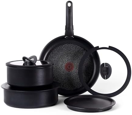 T fal Ingenio Essentials Cookware Set with Detachable/Removable Handle 11 Piece  Granite Titanium Non Stick  Oven Broiler Safe 500F  Stackable  Pots and Pans Set  Frying Pans  Dishwasher Safe  Gray