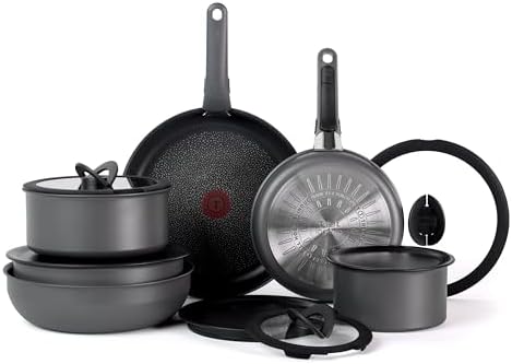 T fal Ingenio Essentials Cookware Set with Detachable/Removable Handle 11 Piece  Granite Titanium Non Stick  Oven Broiler Safe 500F  Stackable  Pots and Pans Set  Frying Pans  Dishwasher Safe  Gray