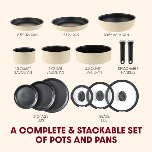 T fal Ingenio Expertise Non Stick Cookware Set 14 Piece  Induction Oven Broiler Safe 500F  Detachable/Removable Handle  Kitchen  Pots and Pans  RV  Camping  Fry Pans  Saucepans  Dishwasher Safe Black