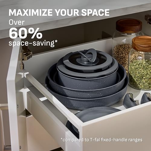 T fal Ingenio Expertise Non Stick Cookware Set 14 Piece  Induction Oven Broiler Safe 500F  Detachable/Removable Handle  Kitchen  Pots and Pans  RV  Camping  Fry Pans  Saucepans  Dishwasher Safe Black