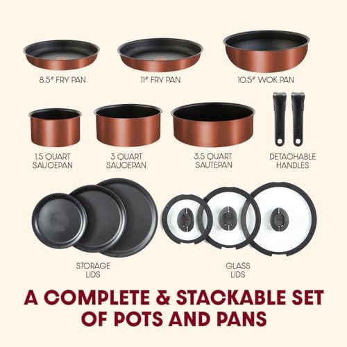 T fal Ingenio Expertise Non Stick Cookware Set 14 Piece  Induction Oven Broiler Safe 500F  Detachable/Removable Handle  Kitchen  Pots and Pans  RV  Camping  Fry Pans  Saucepans  Dishwasher Safe Black