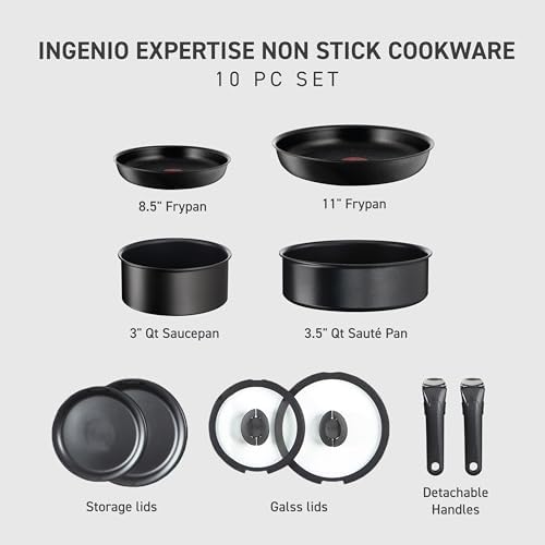 T fal Ingenio Expertise Non Stick Cookware Set 14 Piece  Induction Oven Broiler Safe 500F  Detachable/Removable Handle  Kitchen  Pots and Pans  RV  Camping  Fry Pans  Saucepans  Dishwasher Safe Black