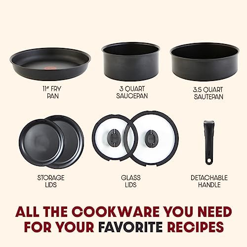 T fal Ingenio Expertise Non Stick Cookware Set 14 Piece  Induction Oven Broiler Safe 500F  Detachable/Removable Handle  Kitchen  Pots and Pans  RV  Camping  Fry Pans  Saucepans  Dishwasher Safe Black
