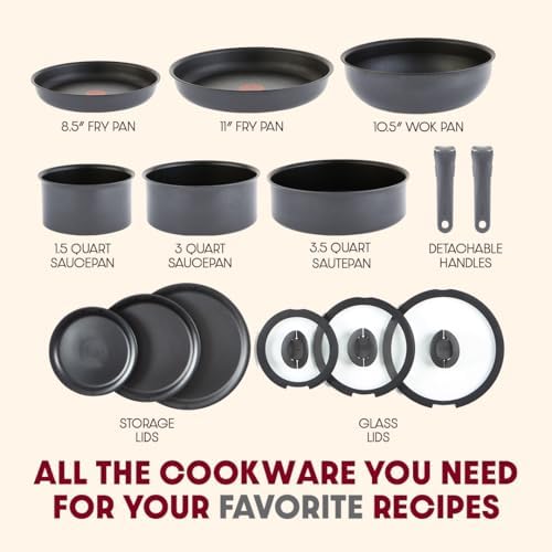 T fal Ingenio Expertise Non Stick Cookware Set 14 Piece  Induction Oven Broiler Safe 500F  Detachable/Removable Handle  Kitchen  Pots and Pans  RV  Camping  Fry Pans  Saucepans  Dishwasher Safe Black
