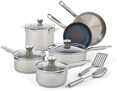 T fal Platinum Stainless Steel with Nonstick Cookware Set 12 Piece Induction Oven Broiler Safe 500F Pots and Pans  Dishwasher Safe Silver