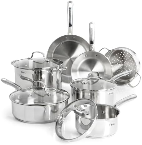 T fal Stainless Steel Pots and Pans Set 11 Piece  Induction  Oven Broiler Safe 500F  Kitchen Cooking Set w/Fry Pans  Saucepans  Saute Pan  Dutch Oven  Steamer  Cookware  Dishwasher Safe  Silver