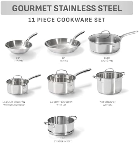T fal Stainless Steel Pots and Pans Set 11 Piece  Induction  Oven Broiler Safe 500F  Kitchen Cooking Set w/Fry Pans  Saucepans  Saute Pan  Dutch Oven  Steamer  Cookware  Dishwasher Safe  Silver