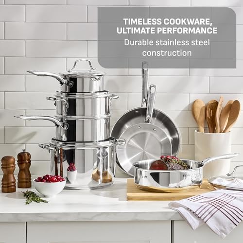 T fal Stainless Steel Pots and Pans Set 11 Piece  Induction  Oven Broiler Safe 500F  Kitchen Cooking Set w/Fry Pans  Saucepans  Saute Pan  Dutch Oven  Steamer  Cookware  Dishwasher Safe  Silver