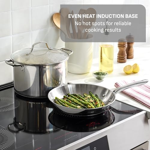 T fal Stainless Steel Pots and Pans Set 11 Piece  Induction  Oven Broiler Safe 500F  Kitchen Cooking Set w/Fry Pans  Saucepans  Saute Pan  Dutch Oven  Steamer  Cookware  Dishwasher Safe  Silver
