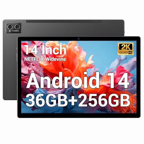 Tablets 2025 14 inch Android 14 Tablet  36GB RAM  256GB Storage Expand to 1TB   2K Display  8 Core CPU  11580mAh Battery 4 Speakers  WiFi 5GHz Tablet with Pen Case Black