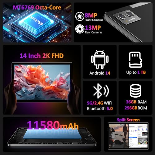 Tablets 2025 14 inch Android 14 Tablet  36GB RAM  256GB Storage Expand to 1TB   2K Display  8 Core CPU  11580mAh Battery 4 Speakers  WiFi 5GHz Tablet with Pen Case Black