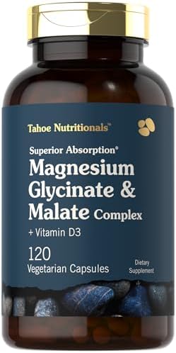 Tahoe Nutritionals Magnesium Glycinate and Malate Complex   with Vitamin D3   120 Capsules   Superior Absorption   Non GMO and Gluten Free Formula