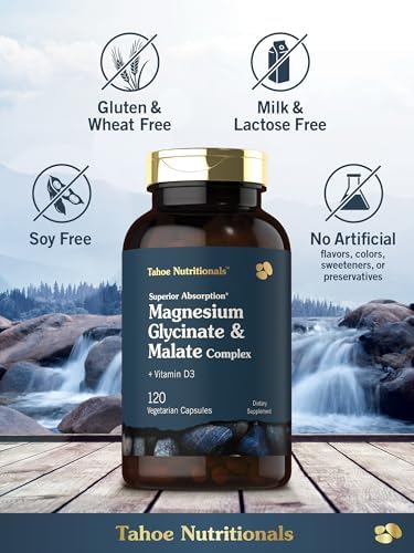 Tahoe Nutritionals Magnesium Glycinate and Malate Complex   with Vitamin D3   120 Capsules   Superior Absorption   Non GMO and Gluten Free Formula
