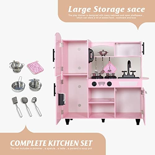 TaoHFE Play Kitchen  Pink Kids Kitchen Set for Girls Kitchen Set for Kids Ages 6 8 Gift Toddler Kitchen Set for Kid Age 3  Kitchen Playset with Lights & Sounds Wooden Toy Kitchen Playset Gift