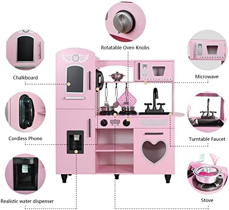 TaoHFE Play Kitchen  Pink Kids Kitchen Set for Girls Kitchen Set for Kids Ages 6 8 Gift Toddler Kitchen Set for Kid Age 3  Kitchen Playset with Lights & Sounds Wooden Toy Kitchen Playset Gift