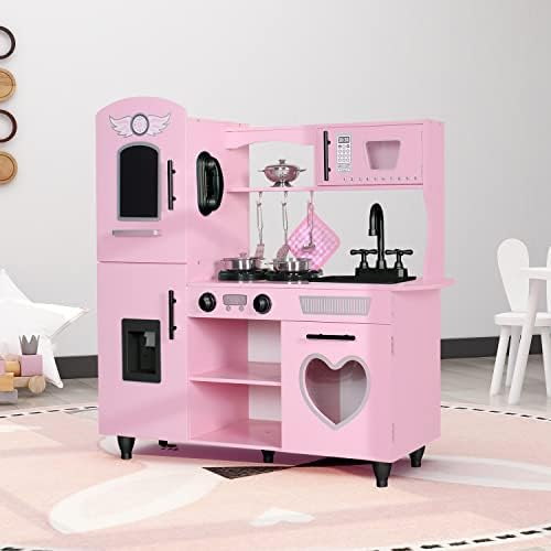 TaoHFE Play Kitchen  Pink Kids Kitchen Set for Girls Kitchen Set for Kids Ages 6 8 Gift Toddler Kitchen Set for Kid Age 3  Kitchen Playset with Lights & Sounds Wooden Toy Kitchen Playset Gift