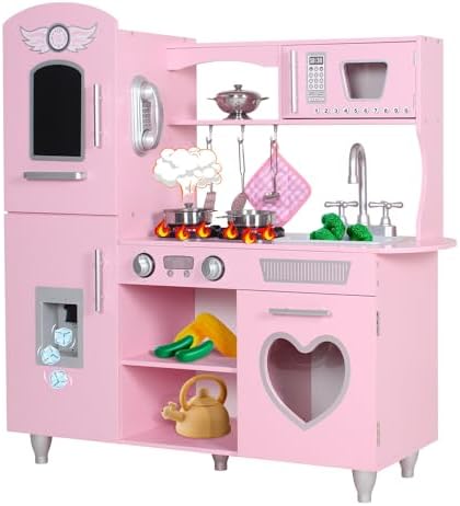 TaoHFE Play Kitchen  Pink Kids Kitchen Set for Girls Kitchen Set for Kids Ages 6 8 Gift Toddler Kitchen Set for Kid Age 3  Kitchen Playset with Lights & Sounds Wooden Toy Kitchen Playset Gift