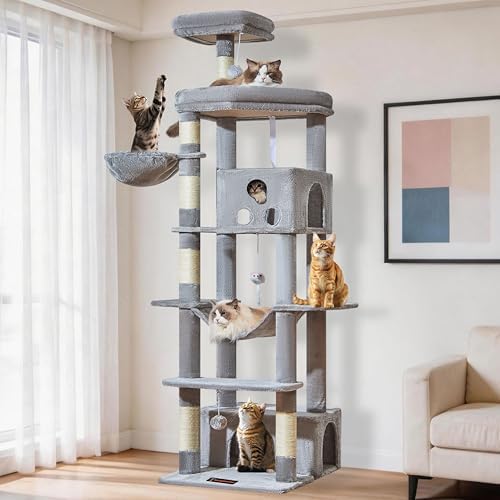 Taoqimiao 79 Inches XXL Cat Tree for Large Cats  for Oversized Cats  Multi Level Cat Tower  2 Spacious Cat Condo with 6 Scratching Posts  Hammcock & Cozy Basket  Cat Toys  Light Gray  S10W