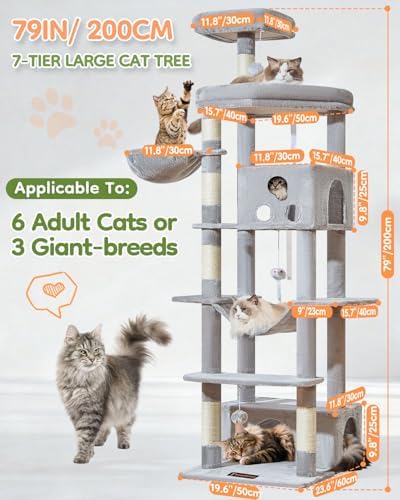 Taoqimiao 79 Inches XXL Cat Tree for Large Cats  for Oversized Cats  Multi Level Cat Tower  2 Spacious Cat Condo with 6 Scratching Posts  Hammcock & Cozy Basket  Cat Toys  Light Gray  S10W