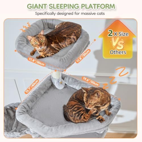 Taoqimiao 79 Inches XXL Cat Tree for Large Cats  for Oversized Cats  Multi Level Cat Tower  2 Spacious Cat Condo with 6 Scratching Posts  Hammcock & Cozy Basket  Cat Toys  Light Gray  S10W