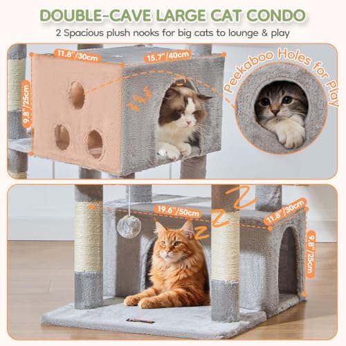 Taoqimiao 79 Inches XXL Cat Tree for Large Cats  for Oversized Cats  Multi Level Cat Tower  2 Spacious Cat Condo with 6 Scratching Posts  Hammcock & Cozy Basket  Cat Toys  Light Gray  S10W