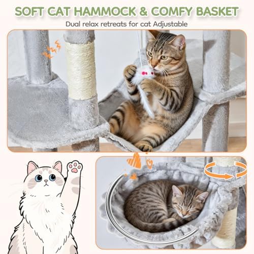 Taoqimiao 79 Inches XXL Cat Tree for Large Cats  for Oversized Cats  Multi Level Cat Tower  2 Spacious Cat Condo with 6 Scratching Posts  Hammcock & Cozy Basket  Cat Toys  Light Gray  S10W