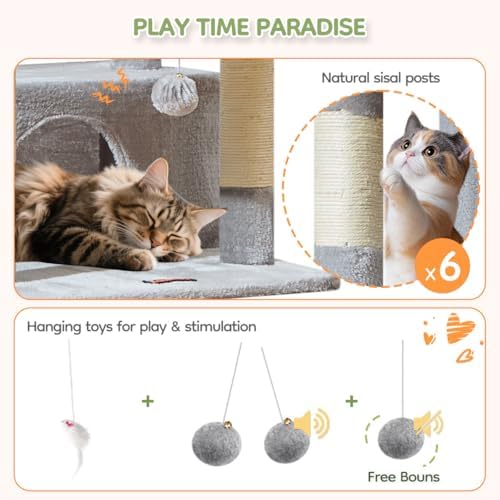 Taoqimiao 79 Inches XXL Cat Tree for Large Cats  for Oversized Cats  Multi Level Cat Tower  2 Spacious Cat Condo with 6 Scratching Posts  Hammcock & Cozy Basket  Cat Toys  Light Gray  S10W