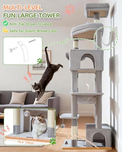 Taoqimiao 79 Inches XXL Cat Tree for Large Cats  for Oversized Cats  Multi Level Cat Tower  2 Spacious Cat Condo with 6 Scratching Posts  Hammcock & Cozy Basket  Cat Toys  Light Gray  S10W