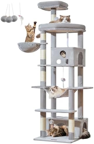 Taoqimiao 79 Inches XXL Cat Tree for Large Cats  for Oversized Cats  Multi Level Cat Tower  2 Spacious Cat Condo with 6 Scratching Posts  Hammcock & Cozy Basket  Cat Toys  Light Gray  S10W