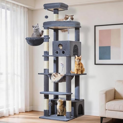 Taoqimiao 79 Inches XXL Cat Tree for Large Cats  for Oversized Cats  Multi Level Cat Tower  2 Spacious Cat Condo with 6 Scratching Posts  Hammcock & Cozy Basket  Cat Toys  Light Gray  S10W