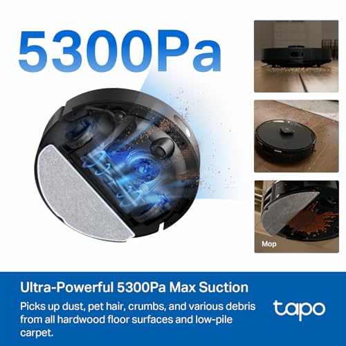 Tapo LiDAR Smart Navigation Robot Vacuum and Mop with Self Emptying Dock  5300Pa Max  97   Dust Pickup Rate  Customizable Cleaning  Self Charging  Compatible with Alexa & Google Home  RV30 Max Plus