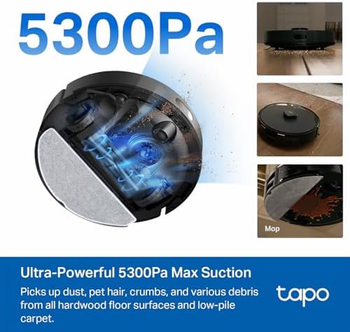 Tapo LiDAR Smart Navigation Robot Vacuum and Mop with Self Emptying Dock  5300Pa Max  97   Dust Pickup Rate  Customizable Cleaning  Self Charging  Compatible with Alexa & Google Home  RV30 Max Plus