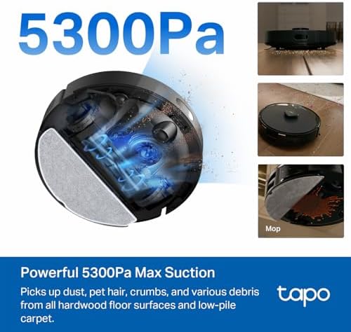 Tapo LiDAR Smart Navigation Robot Vacuum and Mop with Self Emptying Dock  5300Pa Max  97   Dust Pickup Rate  Customizable Cleaning  Self Charging  Compatible with Alexa & Google Home  RV30 Max Plus