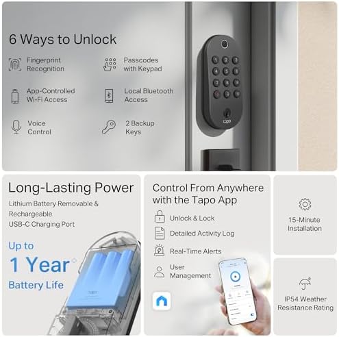 Tapo Smart Wi Fi Deadbolt Door Lock   Fingerprint Recognition  Keyless Tactile Buttons & in App Monitoring  Auto Lock  IP54  BHMA Certified  Compatible with Standard Door Sizes  Tapo DL105