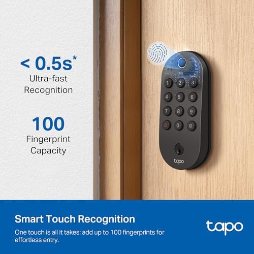 Tapo Smart Wi Fi Deadbolt Door Lock   Fingerprint Recognition  Keyless Tactile Buttons & in App Monitoring  Auto Lock  IP54  BHMA Certified  Compatible with Standard Door Sizes  Tapo DL105